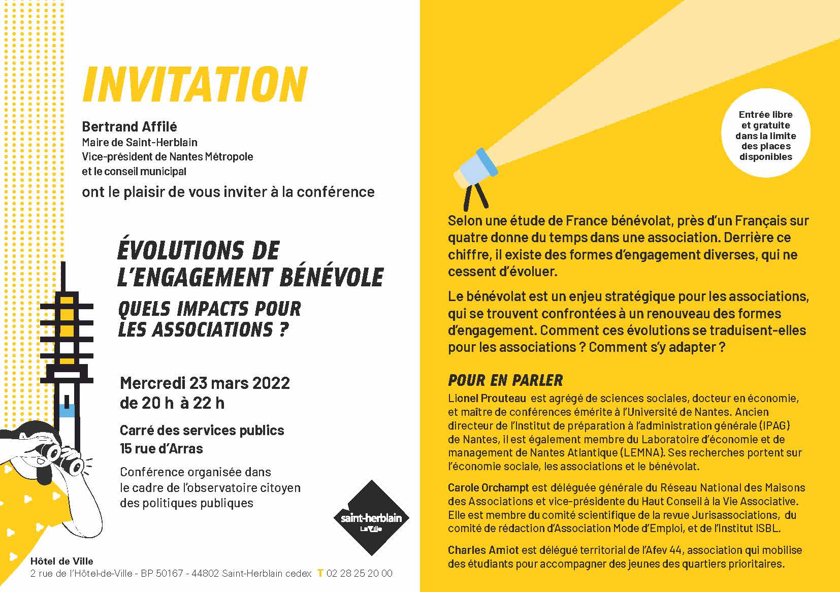 poster du post 'Conférence "Evolutions de l’engagement bénévole : quels impacts pour les associations ?" à Saint-Herblain'